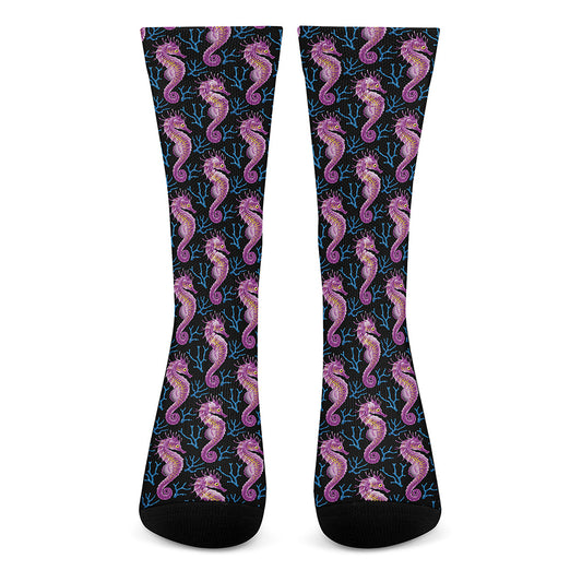 Purple Seahorse Pattern Print Crew Socks