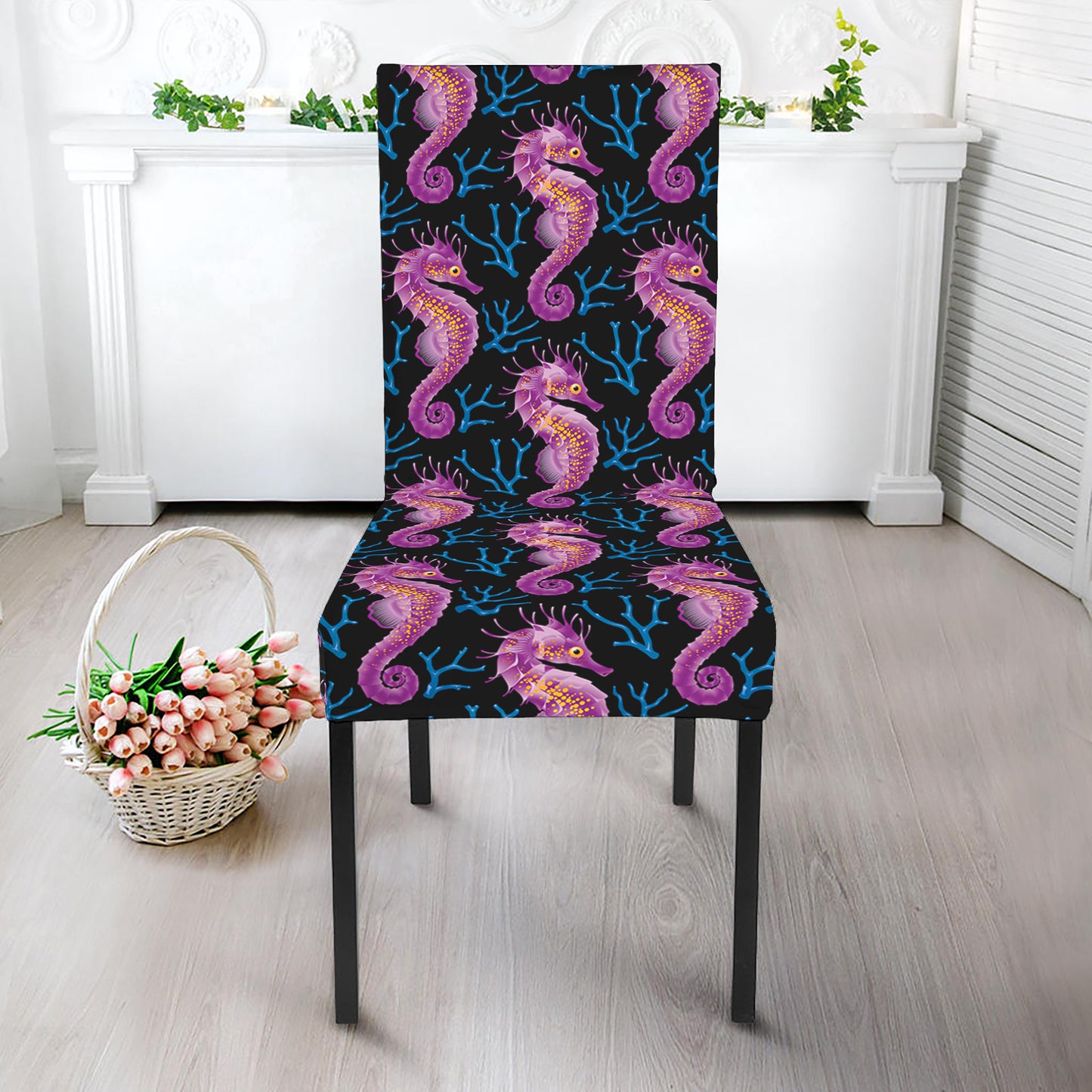 Purple Seahorse Pattern Print Dining Chair Slipcover