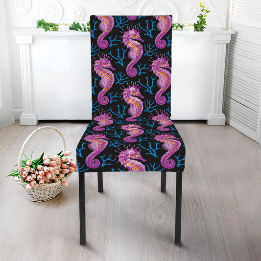 Purple Seahorse Pattern Print Dining Chair Slipcover