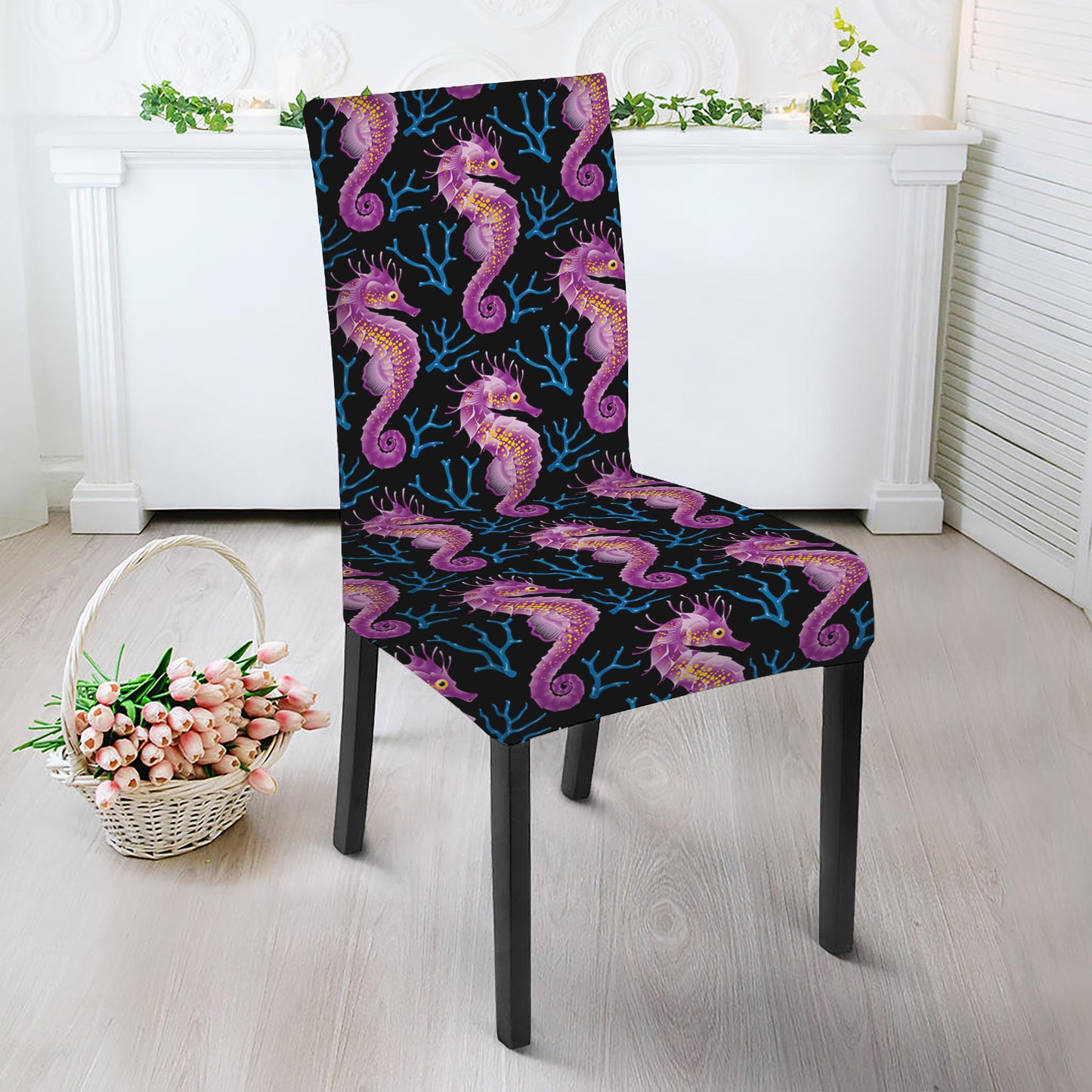 Purple Seahorse Pattern Print Dining Chair Slipcover