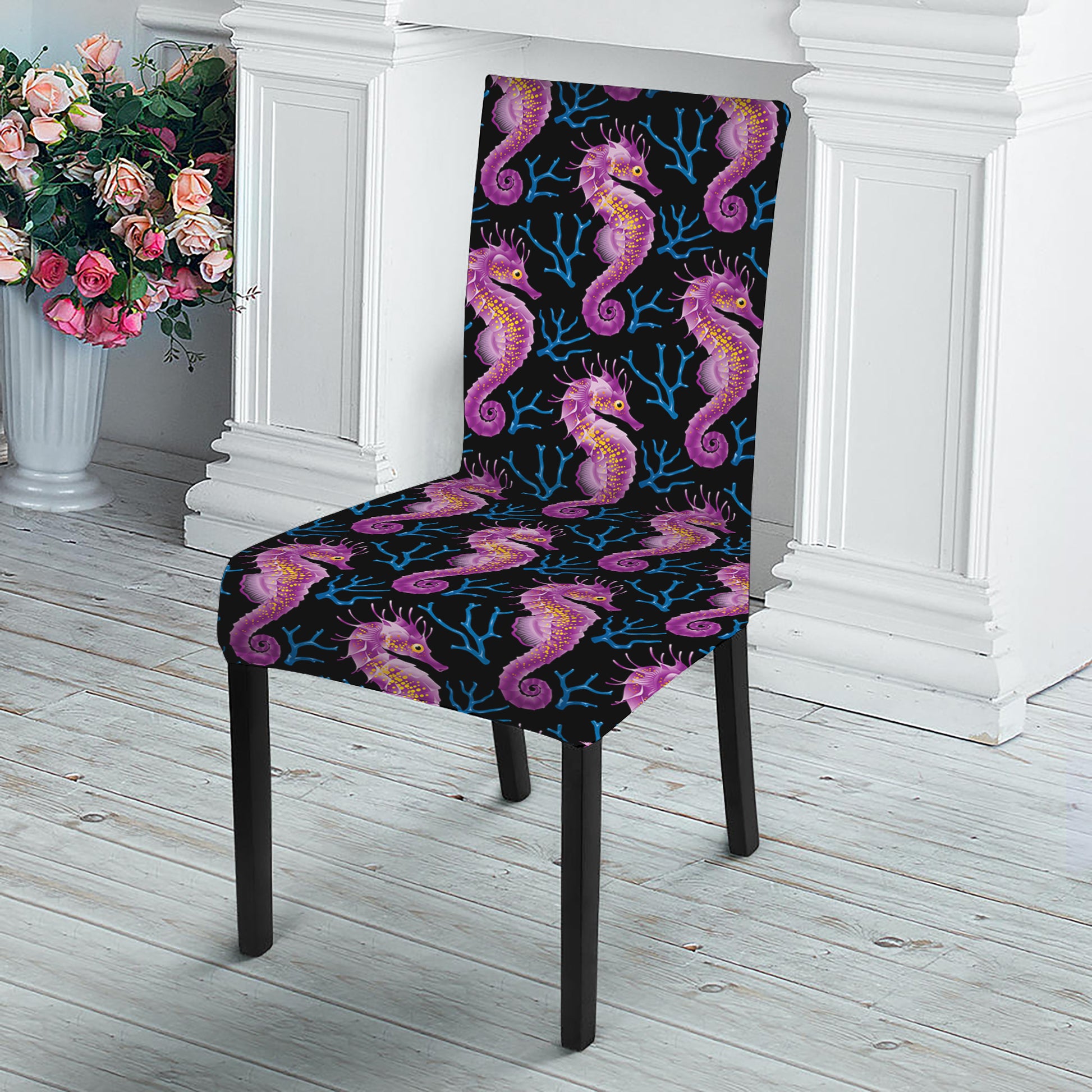 Purple Seahorse Pattern Print Dining Chair Slipcover