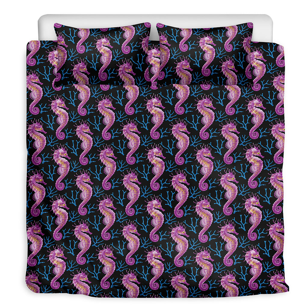 Purple Seahorse Pattern Print Duvet Cover Bedding Set