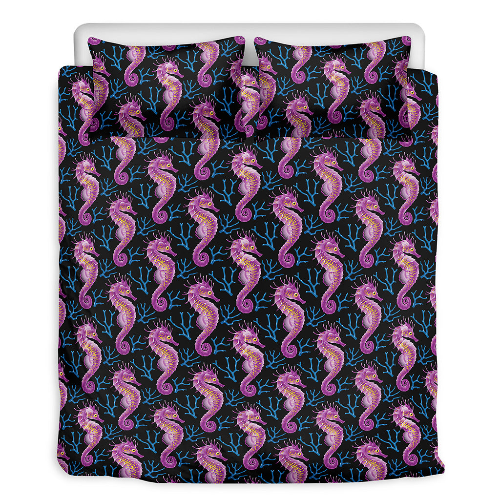 Purple Seahorse Pattern Print Duvet Cover Bedding Set