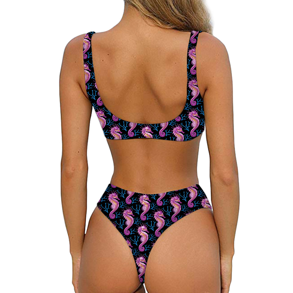 Purple Seahorse Pattern Print Front Bow Tie Bikini