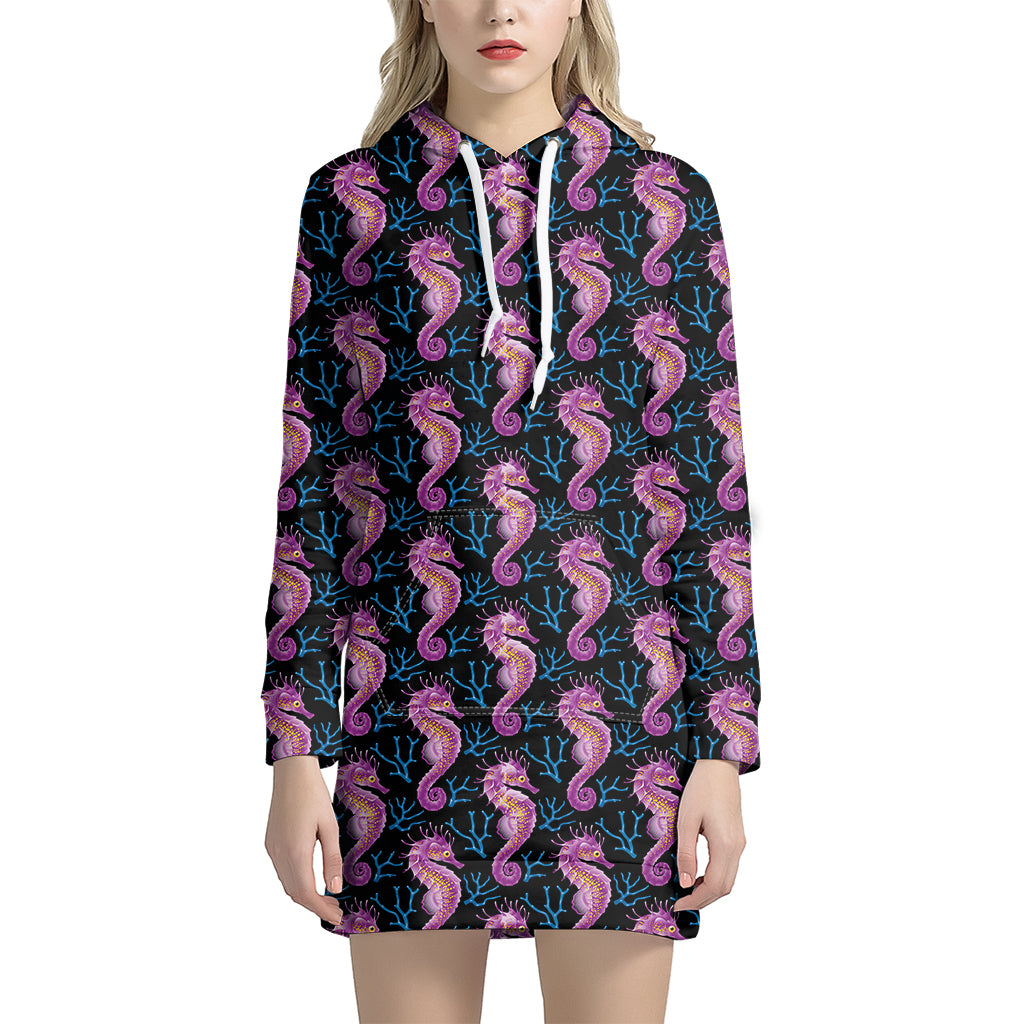 Purple Seahorse Pattern Print Hoodie Dress