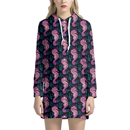 Purple Seahorse Pattern Print Hoodie Dress