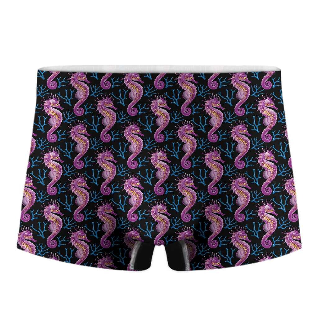 Purple Seahorse Pattern Print Men's Boxer Briefs
