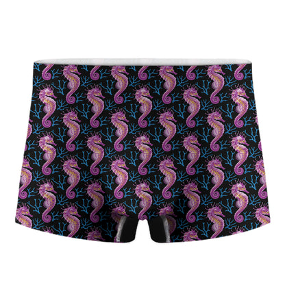 Purple Seahorse Pattern Print Men's Boxer Briefs