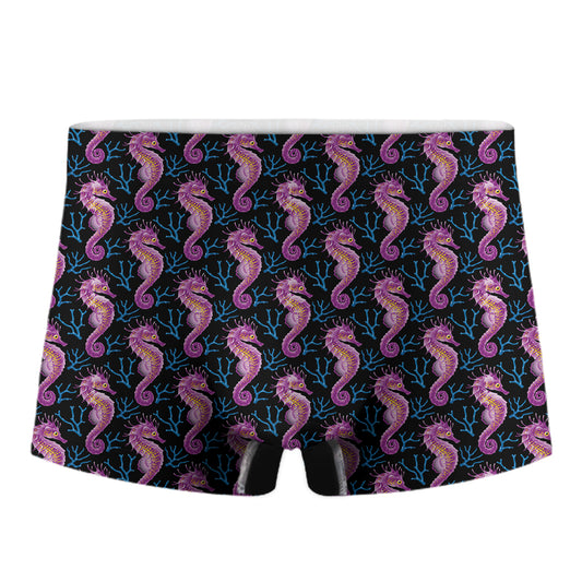 Purple Seahorse Pattern Print Men's Boxer Briefs