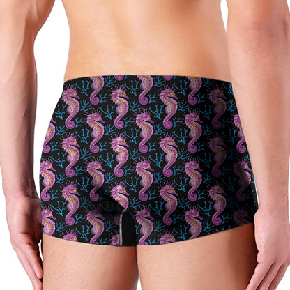Purple Seahorse Pattern Print Men's Boxer Briefs