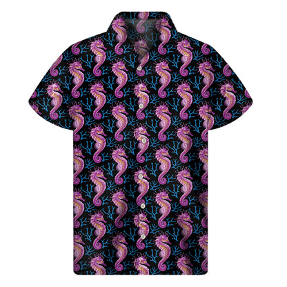 Purple Seahorse Pattern Print Men's Short Sleeve Shirt