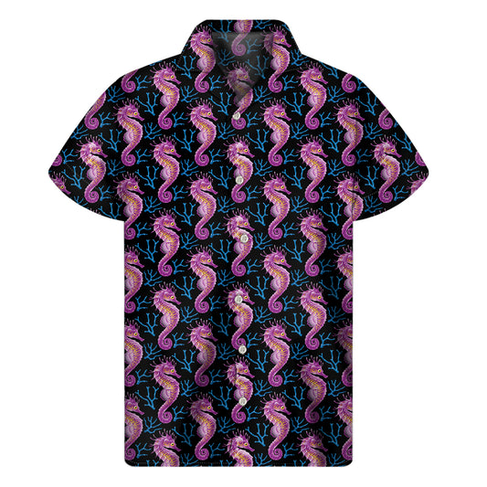Purple Seahorse Pattern Print Men's Short Sleeve Shirt