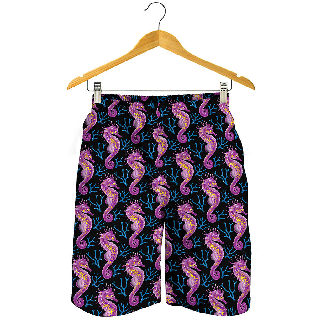 Purple Seahorse Pattern Print Men's Shorts