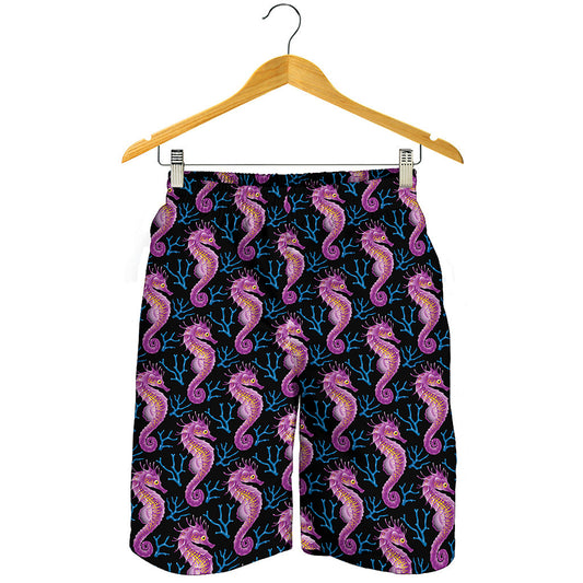 Purple Seahorse Pattern Print Men's Shorts