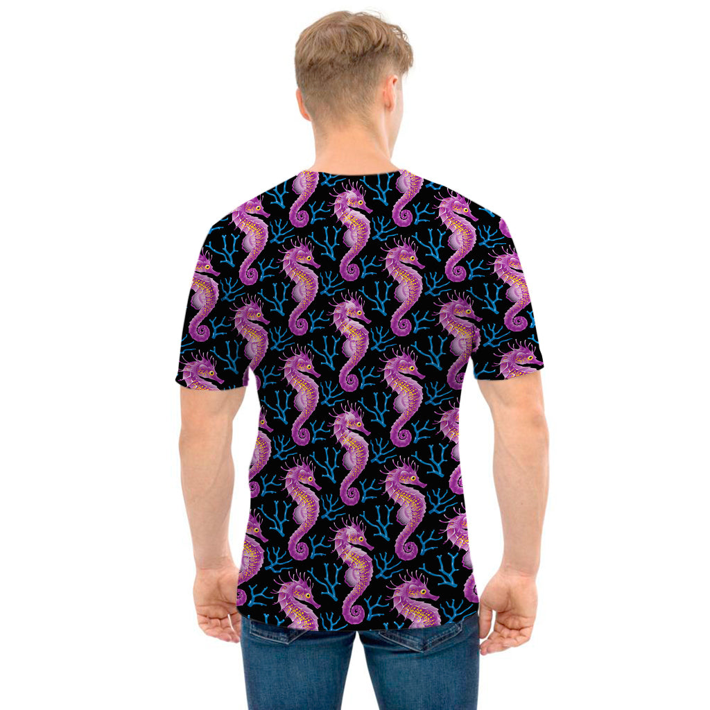 Purple Seahorse Pattern Print Men's T-Shirt