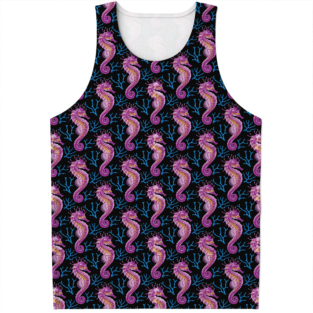 Purple Seahorse Pattern Print Men's Tank Top