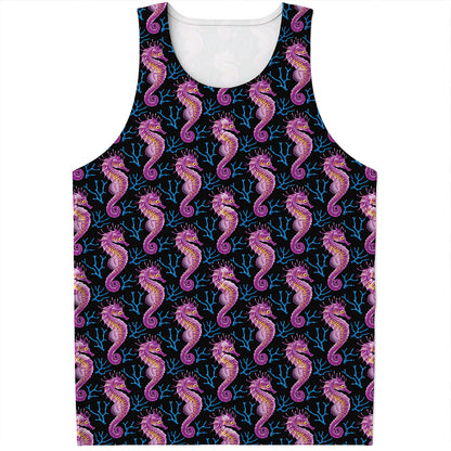 Purple Seahorse Pattern Print Men's Tank Top