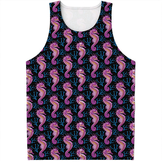 Purple Seahorse Pattern Print Men's Tank Top