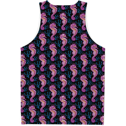 Purple Seahorse Pattern Print Men's Tank Top