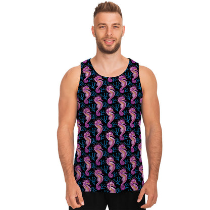 Purple Seahorse Pattern Print Men's Tank Top