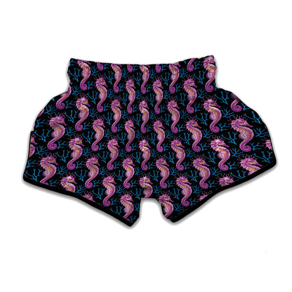 Purple Seahorse Pattern Print Muay Thai Boxing Shorts