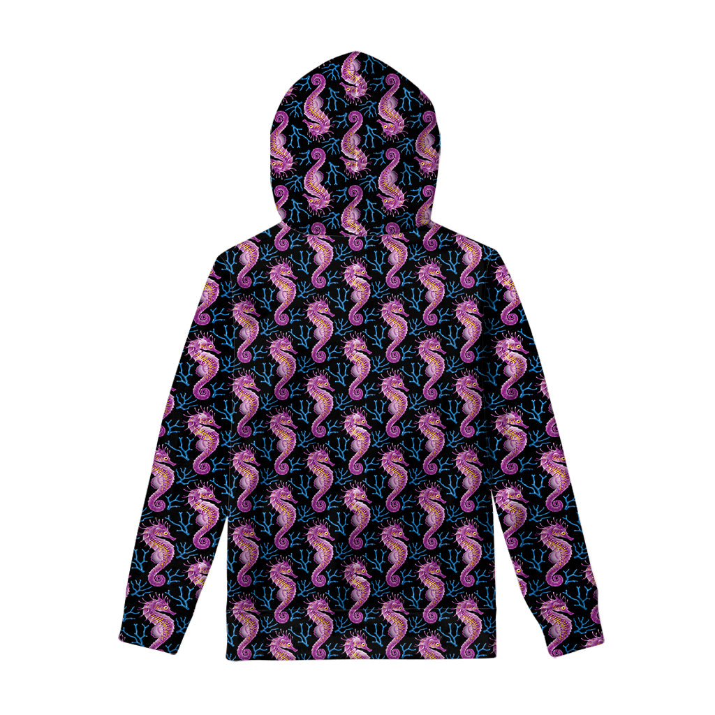 Purple Seahorse Pattern Print Pullover Hoodie