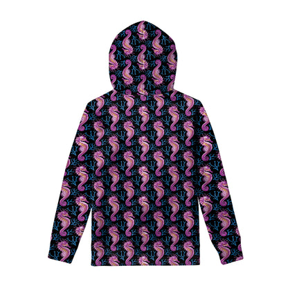Purple Seahorse Pattern Print Pullover Hoodie