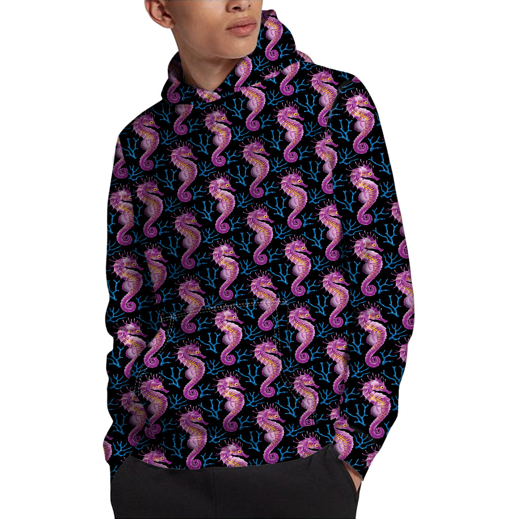 Purple Seahorse Pattern Print Pullover Hoodie