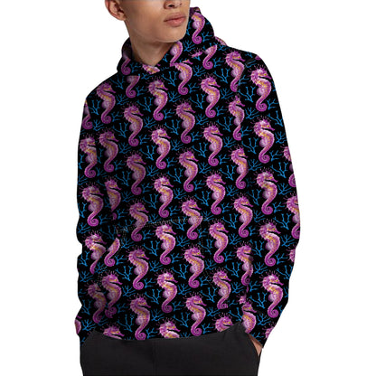 Purple Seahorse Pattern Print Pullover Hoodie