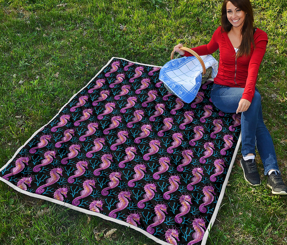 Purple Seahorse Pattern Print Quilt