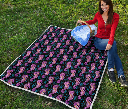 Purple Seahorse Pattern Print Quilt