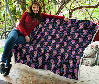 Purple Seahorse Pattern Print Quilt