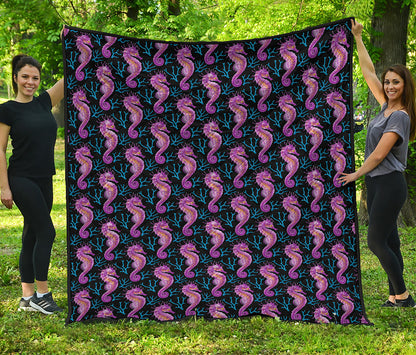 Purple Seahorse Pattern Print Quilt