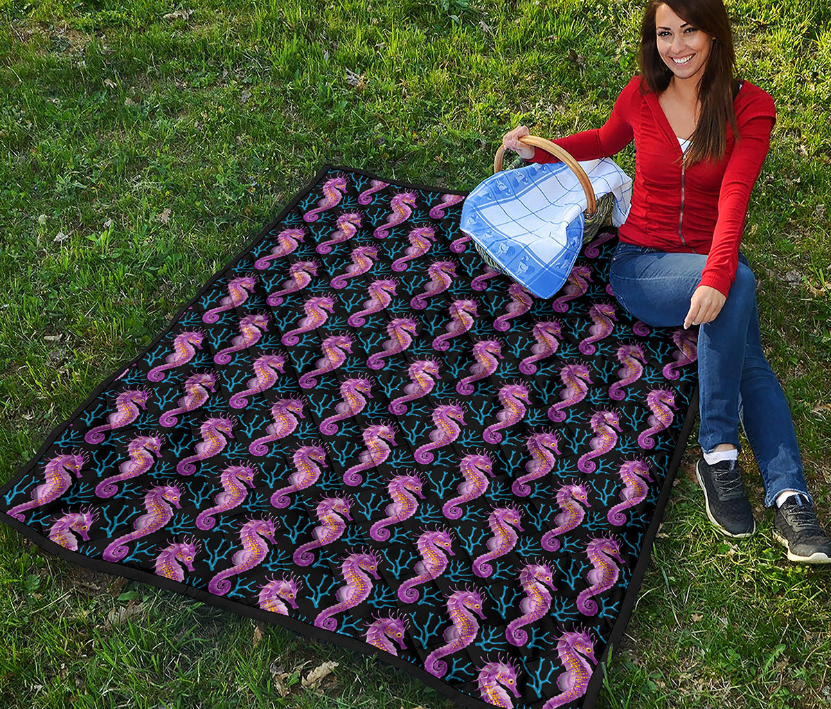 Purple Seahorse Pattern Print Quilt
