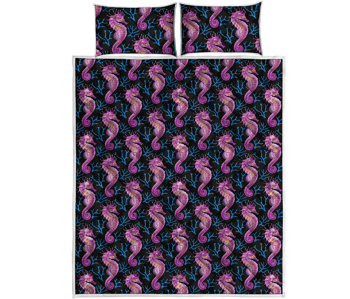 Purple Seahorse Pattern Print Quilt Bed Set