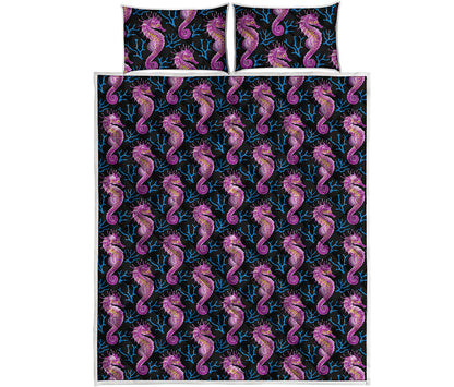 Purple Seahorse Pattern Print Quilt Bed Set