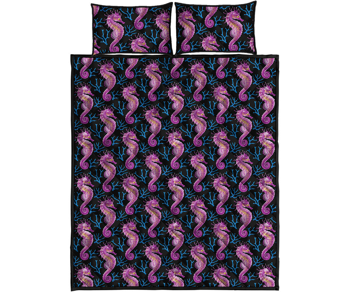 Purple Seahorse Pattern Print Quilt Bed Set