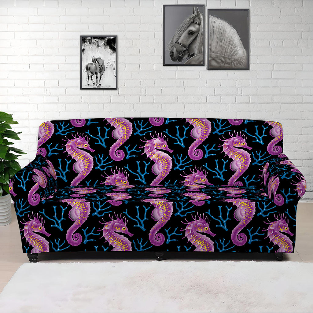 Purple Seahorse Pattern Print Sofa Cover