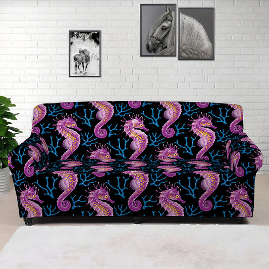 Purple Seahorse Pattern Print Sofa Cover