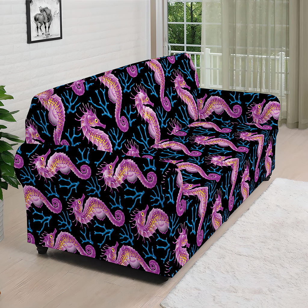 Purple Seahorse Pattern Print Sofa Cover