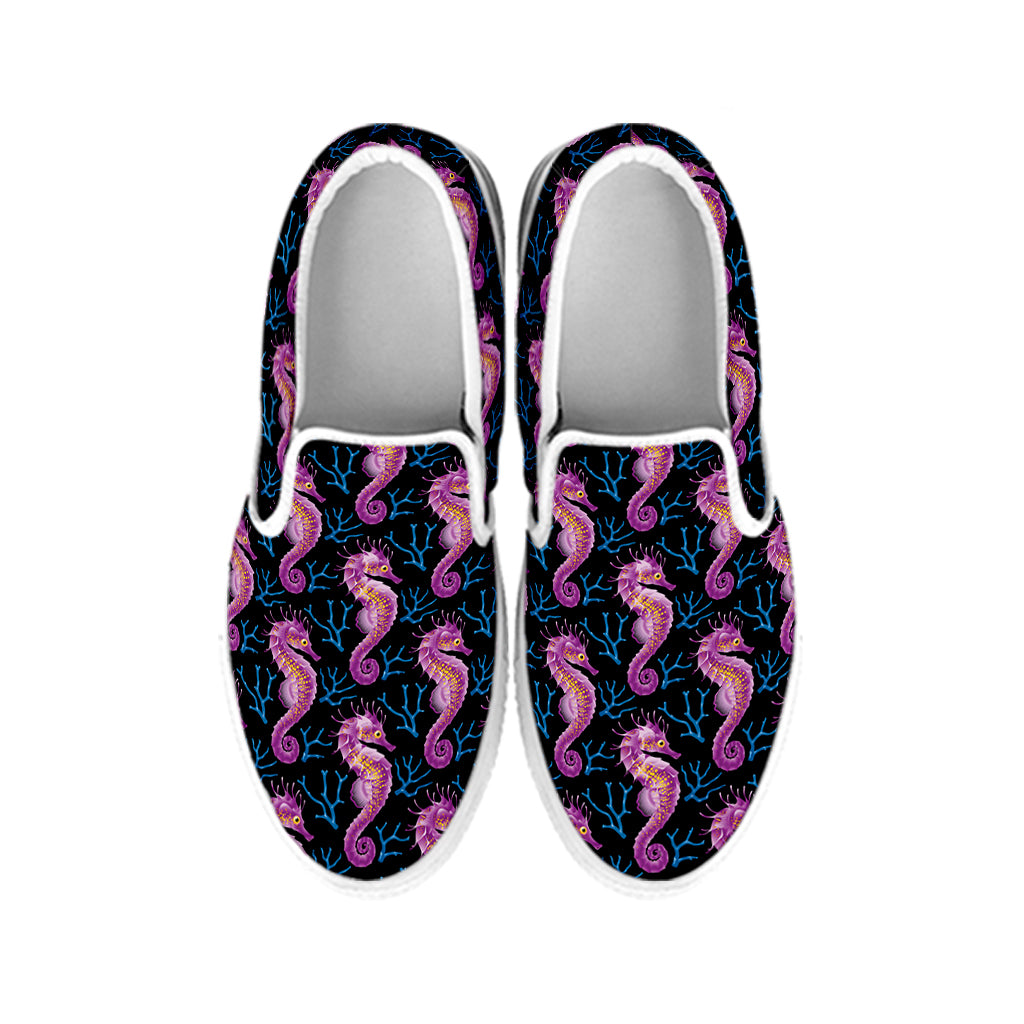 Purple Seahorse Pattern Print White Slip On Shoes