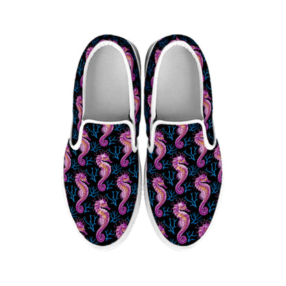 Purple Seahorse Pattern Print White Slip On Shoes
