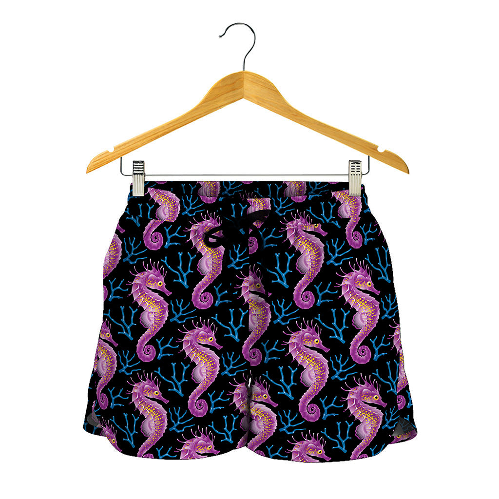 Purple Seahorse Pattern Print Women's Shorts