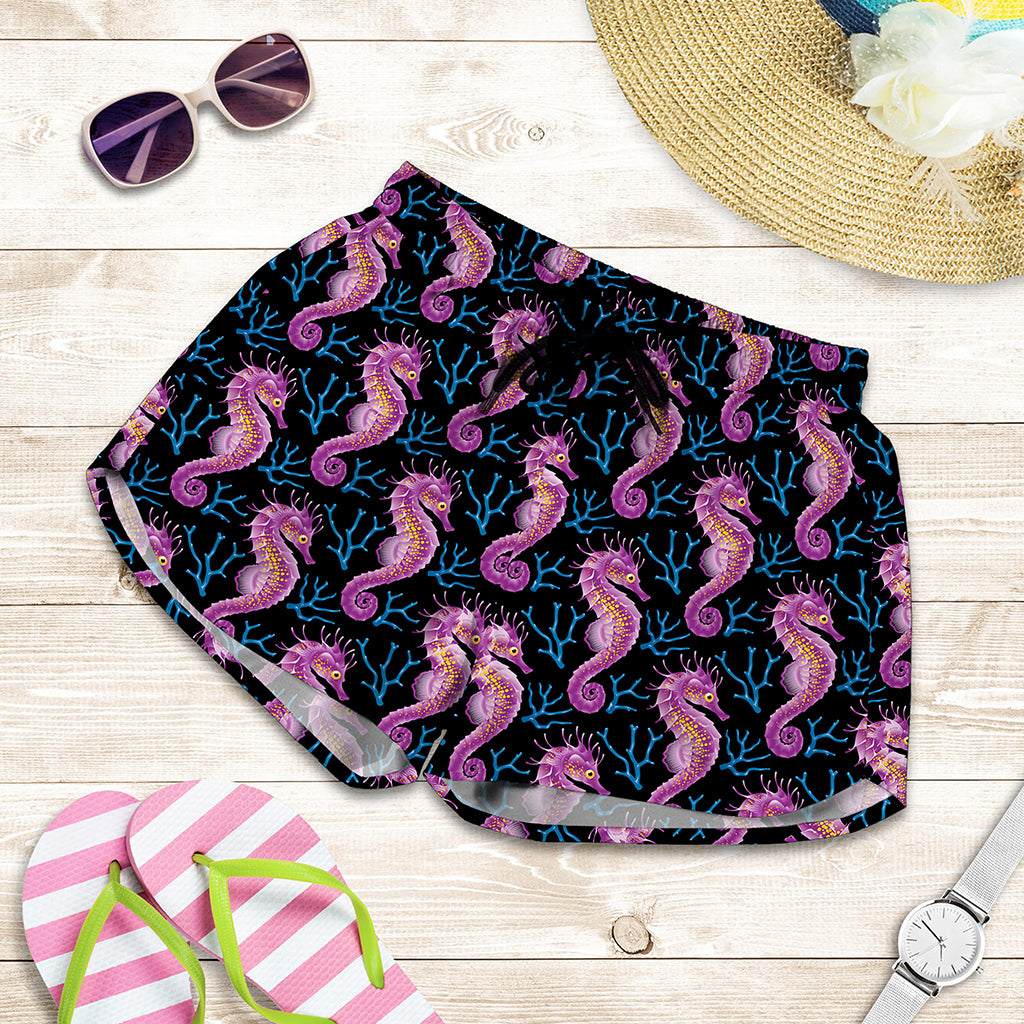 Purple Seahorse Pattern Print Women's Shorts