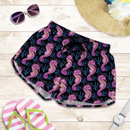 Purple Seahorse Pattern Print Women's Shorts