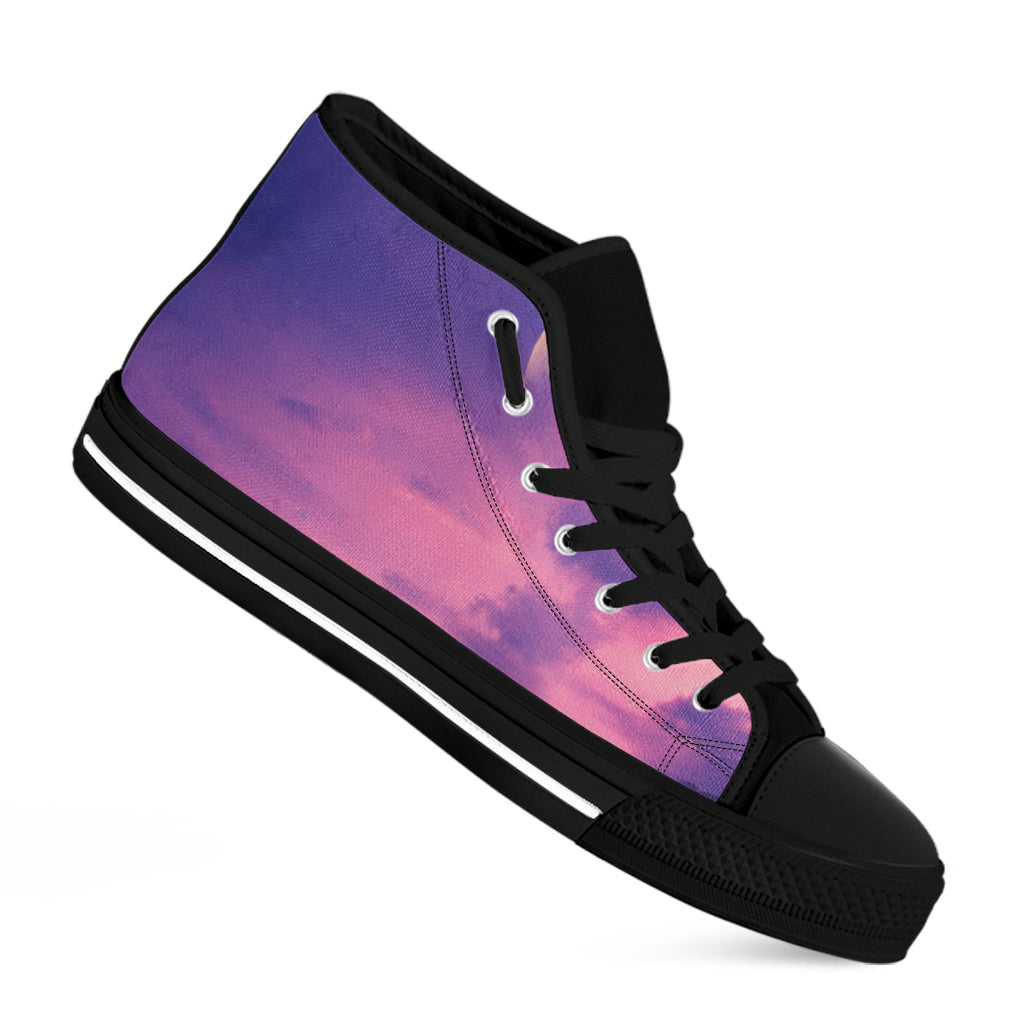 Purple Sky And Full Moon Print Black High Top Shoes