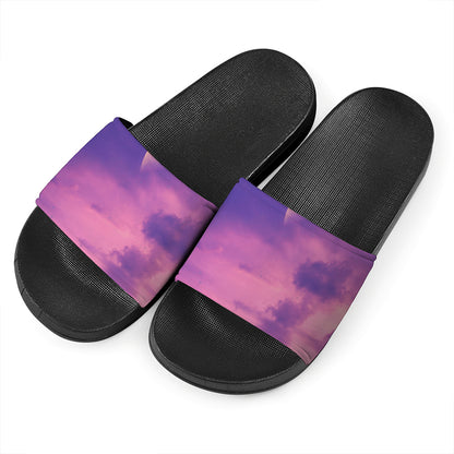 Purple Sky And Full Moon Print Black Slide Sandals