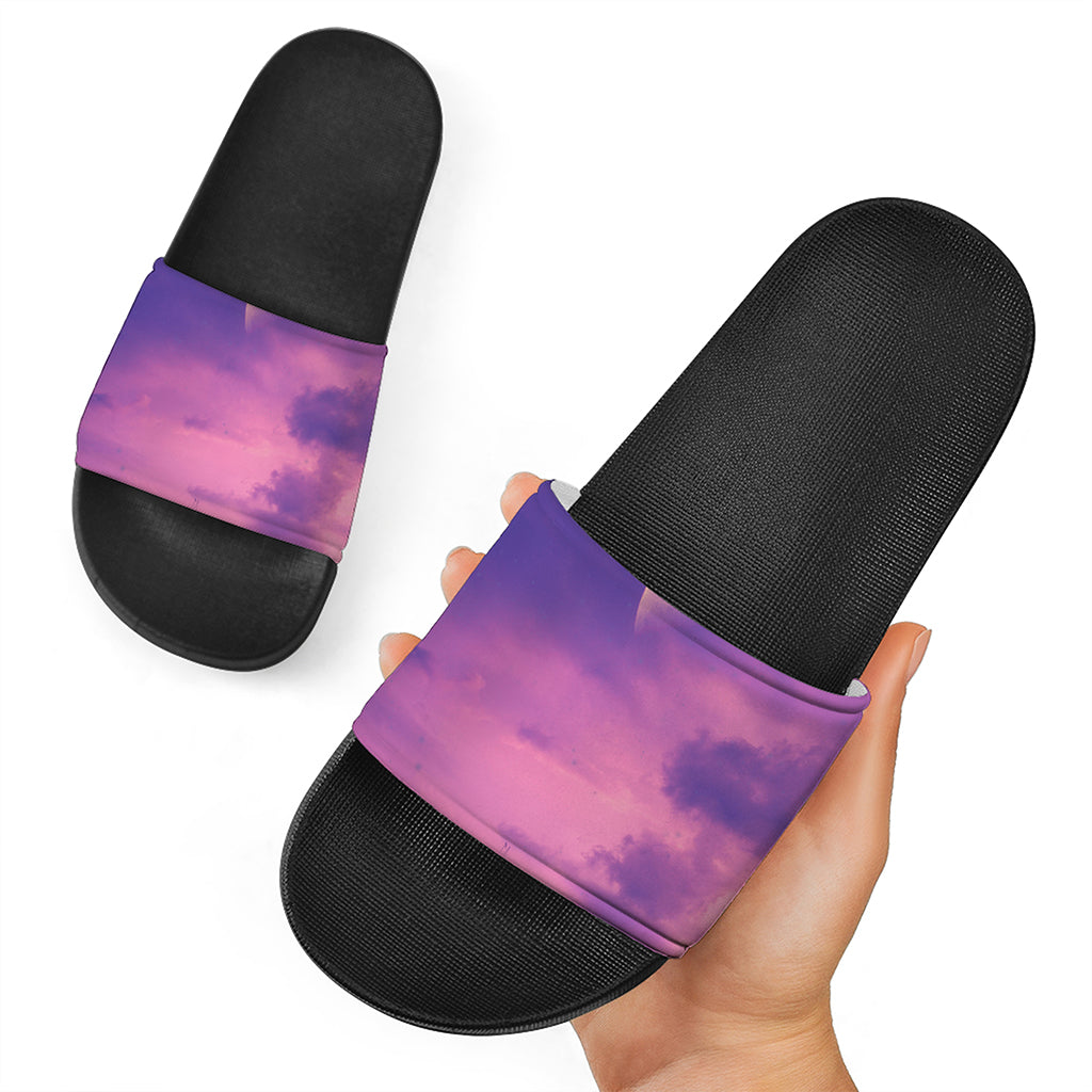 Purple Sky And Full Moon Print Black Slide Sandals