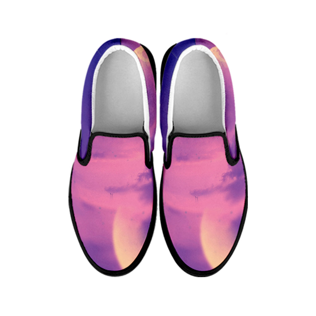Purple Sky And Full Moon Print Black Slip On Shoes