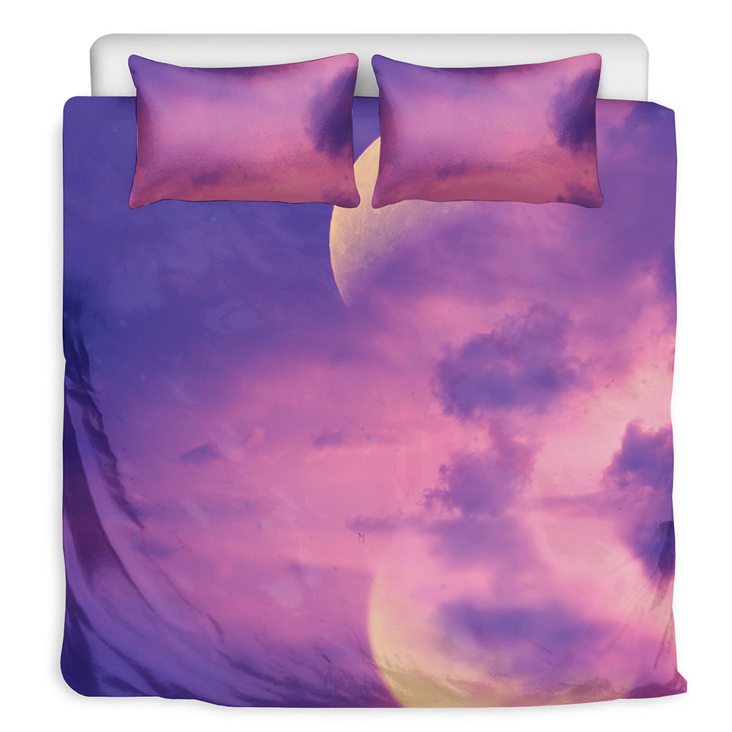 Purple Sky And Full Moon Print Duvet Cover Bedding Set